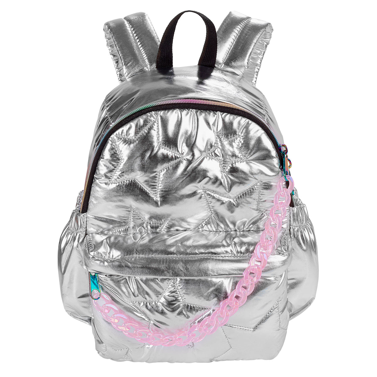 Metallic Star Quilted Mini Puffer Backpack Silver